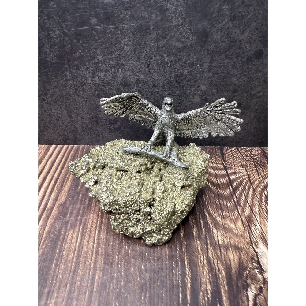 Pewter EAGLE on PYRITE NUGGET Fools Gold Mineral Rock Specimen